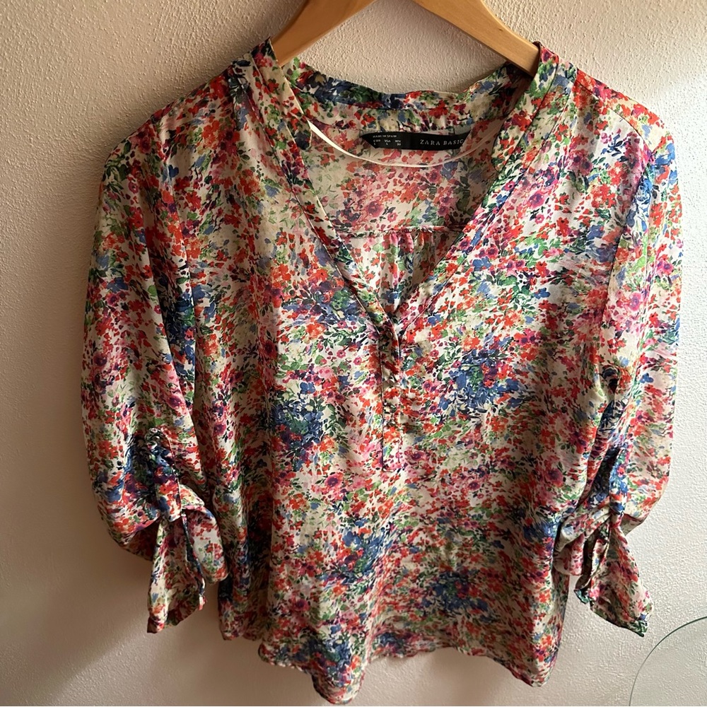 Zara Long Sleeve Top Blouse Floral Orange size L Women